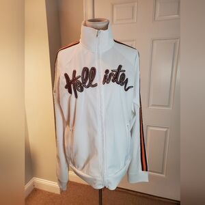 Hollister White Track Jacket with Orange & Brown Sleeve Stripes